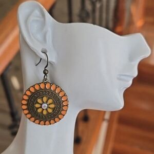 Vintage Style Orange and Bronze Flower Earrings